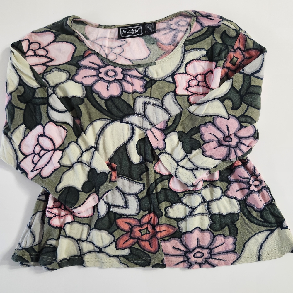 Vintage Floral Knit Top with Pink and Green Women's Size 1X